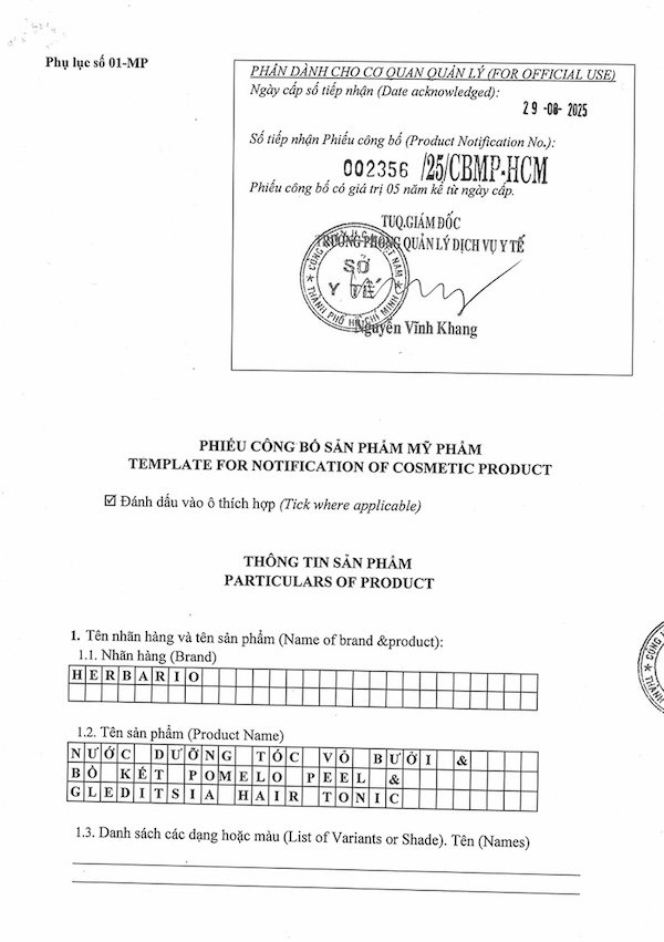 Nước dưỡng tóc vỏ bưởi bổ kết Herbario giay cong bo san pham nuoc duong toc buoi Herbario